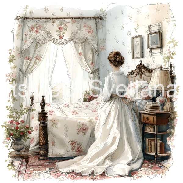 Victorian Lady in Bedroom Watercolour Clipart, Victorian Bedroom Book Scrapping, High QualityJPG's, Commercial Use,Digital Download,