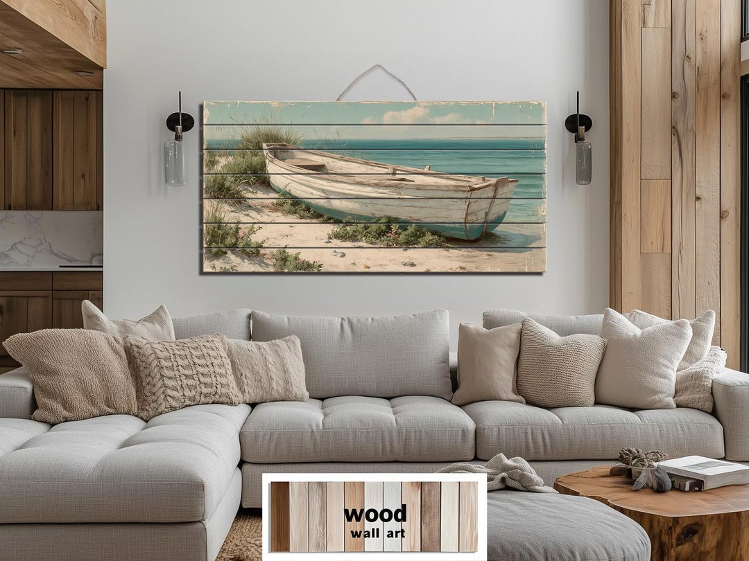 Rowboat on Coastal Shore Distressed Wood Wall Art, Nautical Beach House ...