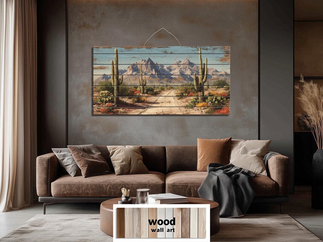 Arizona Desert Trail Distressed Wood Wall Art, Rustic Cactus Landscape ...