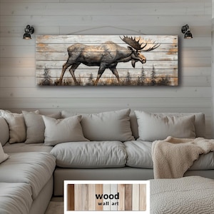 Decorazione murale in legno anticato con alce nella foresta - Cartello rustico orizzontale lungo - Decorazione con fauna selvatica in cabina stampata su assi di legno