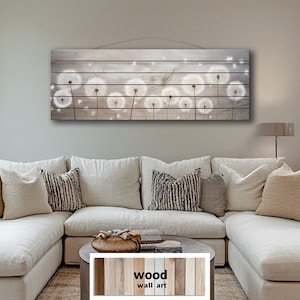 Long Horizontal Dandelion Distressed Wood Wall Art – Soft Neutral Botanical Real Wood Sign For Bedroom Or Living Room Farmhouse Decor