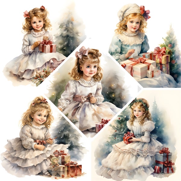 Christmas  Watercolor Clipart, Christmas Girl with Christmas Gifts, Book Scrapping, High QualityJPG's, Commercial Use, Digital Download