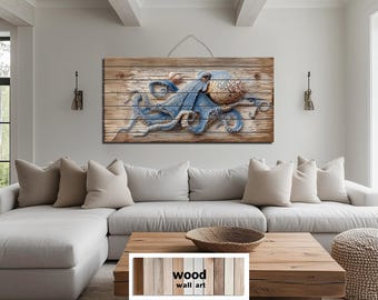Octopus On Driftwood Painting Distressed Wood Wall Art, Nautical Coastal Sea Life Print On Wood Planks, Rustic Beach House Ocean Wall Decor