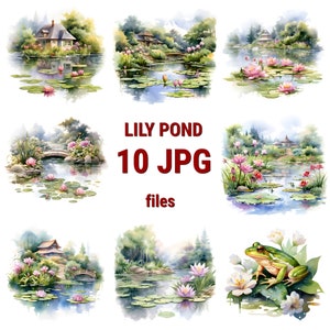 Lily Pond Watercolor Clipart, Lily Pond Print, Book Scrapping High QualityJPG's, Commercial Use, Digital Download