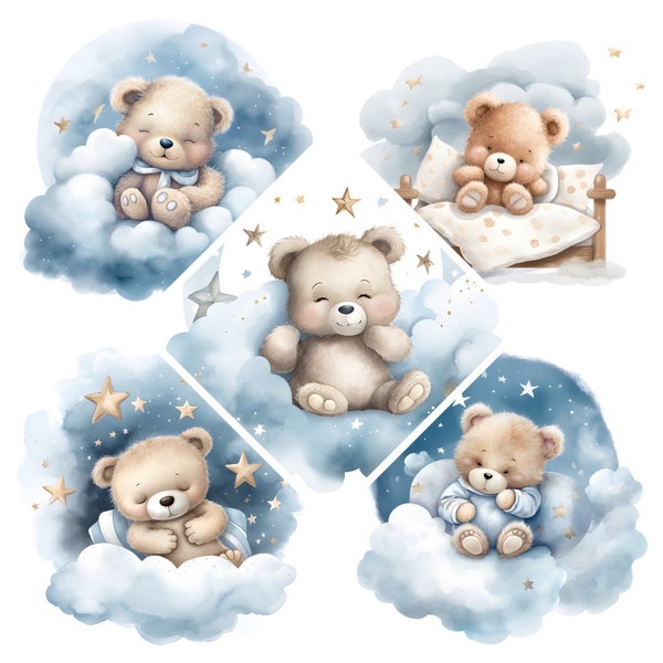 Dormir ours en peluche aquarelle Clipart, JPG de haute qualité, ours Invitations artisanat numérique, artisanat en papier, téléchargement immédiat, utilisation commerciale