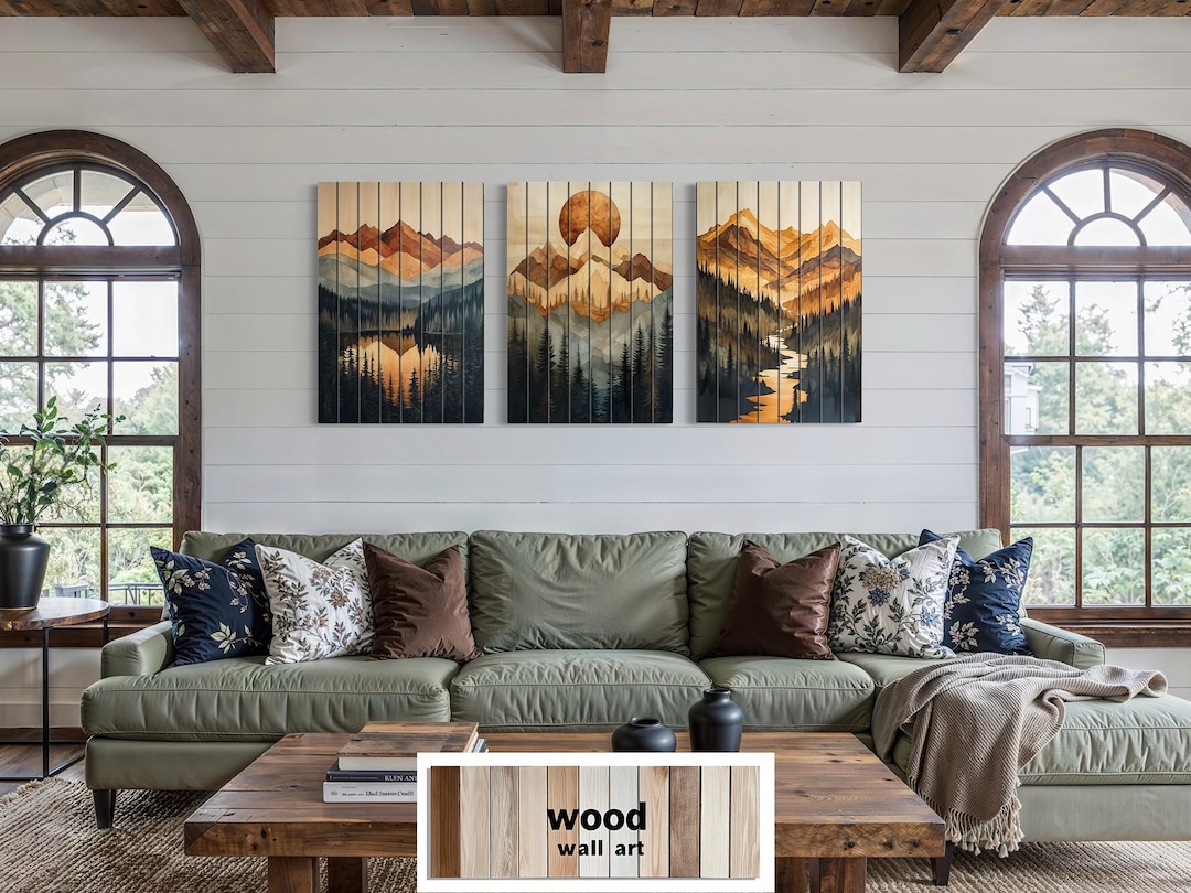 Set of 3 Mountain Sunset Rustic Distressed Wood Wall Art – Large ...
