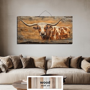 Texas Longhorn Cow Distressed Wood Wall Art Print Rustic Western Farmhouse Decor for Ranch House, Brown and White Longhorn Wall Art