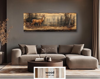 Deer In Forest Distressed Wood Wall Art, Long Horizontal Rustic Buck Painting On Wood Planks, Cabin Woodland Wall Decor