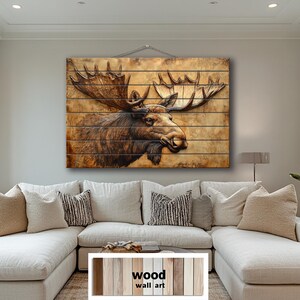 Ritratto di alce in legno anticato da parete – Cartello rustico per baita o lodge – Decorazione della fauna selvatica stampata su assi di legno