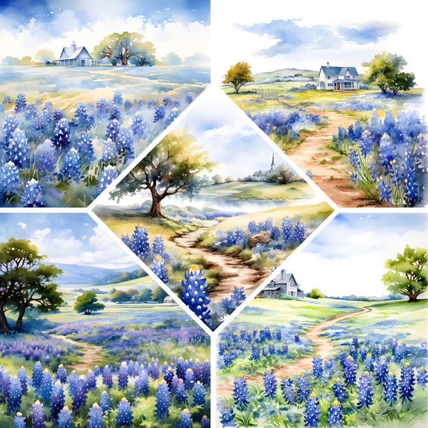 Bluebonnets  Field Watercolor Clipart, Texas Flowers Print, Book Scrapping,High QualityJPG's, Commercial Use,Digital Download,
