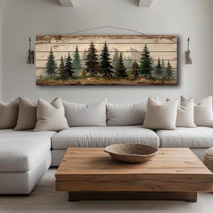 Pine Forest Mountain Landscape Distressed Wood Wall Art Long Horizontal Rustic Woodland Scene Wooden Plank Print Cabin Lodge Decor