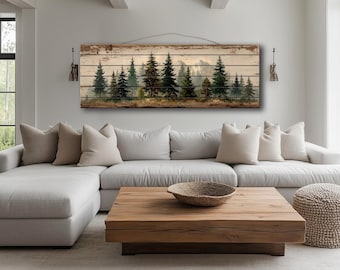 Pine Forest Mountain Landscape Distressed Wood Wall Art Long Horizontal Rustic Woodland Scene Wooden Plank Print Cabin Lodge Decor