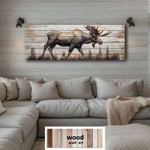 Moose In Forest Distressed Wood Wall Art - Long Horizontal Rustic Lodge Sign - Cabin Wildlife Decor Printed On Wooden Planks