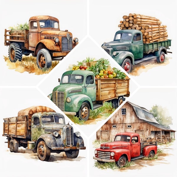 Old Farm Truck Watercolor Clipart, Rustic Retro Farm Truck Print, Book Scrapping, High QualityJPG's, Commercial Use,Digital Download,