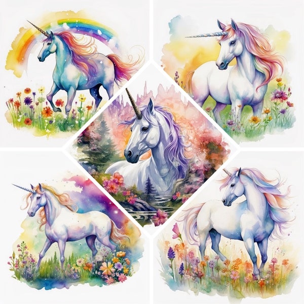 Unicorn Watercolor Clipart, Fantasy Unicorn Watercolor Painting, Book Scrapping High QualityJPG's, Commercial Use, Digital Download