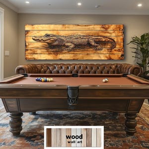 Alligator Distressed Wood Wall Art - Rustic Crocodile Painting Print on Wood Planks for Man Cave or Billiards Room Decor