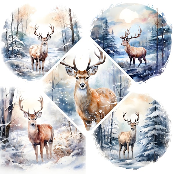 Deer Watercolor Clipart, Deer in Winter  Forest Print, Book Scrapping High QualityJPG's, Commercial Use, Digital Download