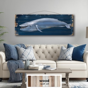 Blue Whale Distressed Wood Wall Art – Nautical Horizontal Ocean Decor for Coastal Home or Beach House