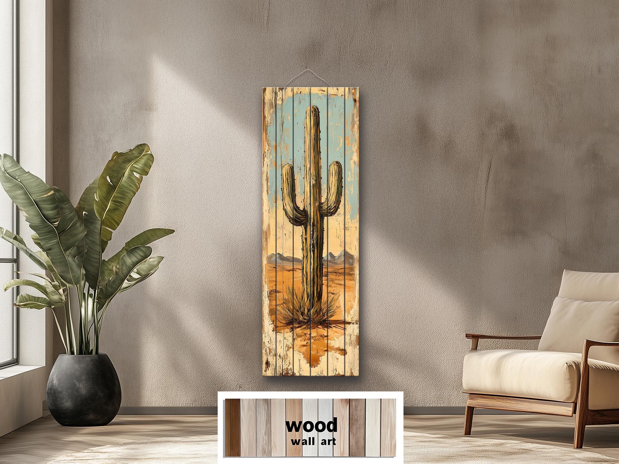 Tall Vertical Saguaro Cactus Wood Wall Art – Southwestern Desert Scene ...