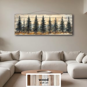 Decorazione murale in legno anticato con foresta di pini - Cartello rustico orizzontale lungo - Decorazione da parete in stile baita, stampata su assi di legno