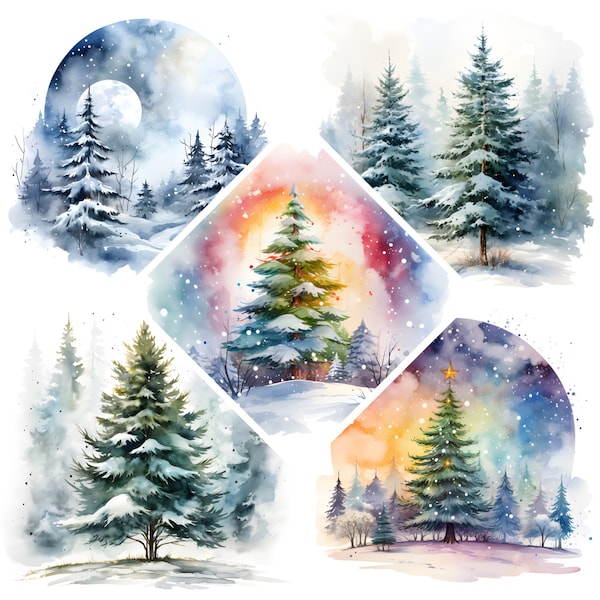 Schneebedeckter Weihnachtsbaum Aquarell Clipart, Winter-Motiv-Druck, Buchverschrottung High QualityJPG's, kommerzielle Nutzung, digitaler Download