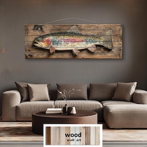 Rainbow Trout Distressed Wood Wall Art, Rustic Long Horizontal Fish Print On Wood Planks, Cabin Fishing Lodge Wall Decor For Lake House