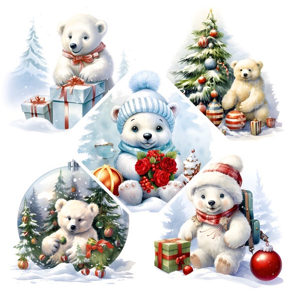 Christmas Polar Bear Clipart, Baby Polar Bear Christmas Scene Watercolor Clipart, High Quality JPGs, Instant Digital download,Commercial use