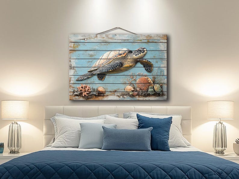 Sea Turtle Wall Art on Real Wood – Coastal Ocean With Coral Reef Wood ...