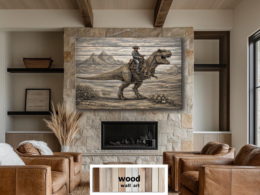 Cowboy Riding A Dinosaur Distressed Wood Wall Art, Rustic Western T Rex ...