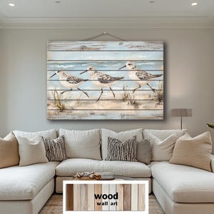 Coastal Distressed Wood Wall Art – Sandpipers Walking On Beach Rustic Wood Sign,  Shore Birds Painting Print On Wood, Beach House Wall Decor