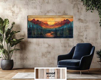 Sunset Mountain River Scene Distressed Wood Wall Art, Rustic Forest Landscape Painting, Cabin Nature Wall Decor