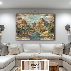 Panneau en bois du parc national de Zion - affiche de voyage vintage dans l'Utah imprimée sur du bois véritable, art mural rustique pour une cabane, un lodge ou une décoration d'amoureux de la nature