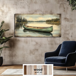 Green Canoe Distressed Wood Wall Art Print, Rustic Lake House Decor, Canoe on Water Painting On Wood Print for Cottage or Cabin Wall