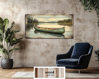 Green Canoe Distressed Wood Wall Art Print, Rustic Lake House Decor, Canoe on Water Painting On Wood Print for Cottage or Cabin Wall