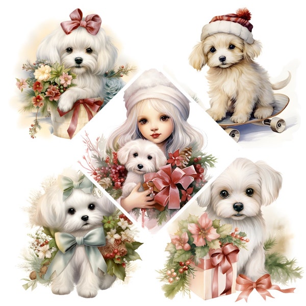 Christmas Maltese Puppy Dog Watercolor Clipart, Maltese Puppy Print, Book Scrapping High QualityJPG's, Commercial Use, Digital Download