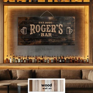 Custom Bar Sign - Personalized Distressed Painting Print On Wood Wall Art With Name And Year - Rustic Man Cave Or Home Bar Decor