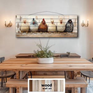 Chicken And Hens Lineup Distressed Wood Wall Art - Long Horizontal Rustic Farmhouse Sign, Funny Country Kitchen Decor Print On Wooden Planks