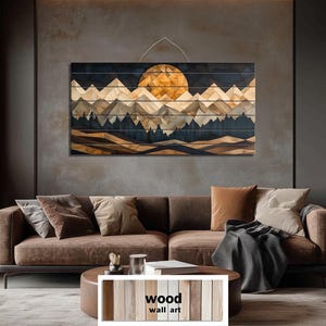Geometric Mountain Sunset Wood Wall Art – Layered Wood Landscape with Sun and Forest – Rustic Modern Nature Wall Decor for Living Room