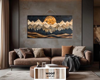 Geometric Mountain Sunset Wood Wall Art – Layered Wood Landscape with Sun and Forest – Rustic Modern Nature Wall Decor for Living Room