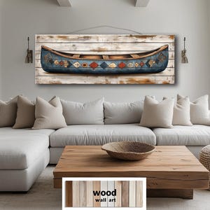 Vintage Blue Canoe Distressed Wood Wall Art, Long Horizontal Rustic Lake Cabin Canoe Print On Wood Planks, Lodge Wall Decor