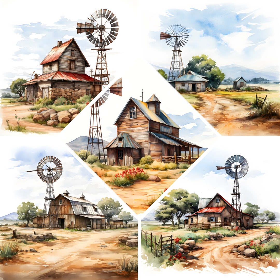Rustic Barn and Windmill Watercolor Clipart, Old Windmill Wall Art