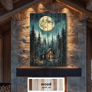 Decorazione murale in legno anticato "Cabina nel bosco" - Decorazione sopra la mensola del camino - Stampa di un dipinto verticale in stile lodge con scena di una capanna nella foresta illuminata dalla luna