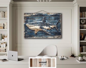 Great White Shark Distressed Wood Wall Art – Nautical Shark Wall Art Printed On Real Wood Rustic Man Cave Or Office Wall Decor