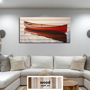 Red Canoe Distressed Wood Wall Art – Rustic Lake House Canoe Painting – Cabin Decor for Waterfront Homes – Vintage Boat Artwork