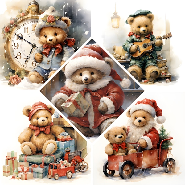 Clipart aquarelle ours en peluche de Noël, fichiers JPG de haute qualité, créations numériques de Noël, créations en papier, téléchargement immédiat, utilisation commerciale