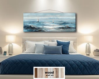 Coastal Sailing Boats Seascape Distressed Print On Wood - Long Horizontal Nautical Wall Art For Living Room Or Beach House