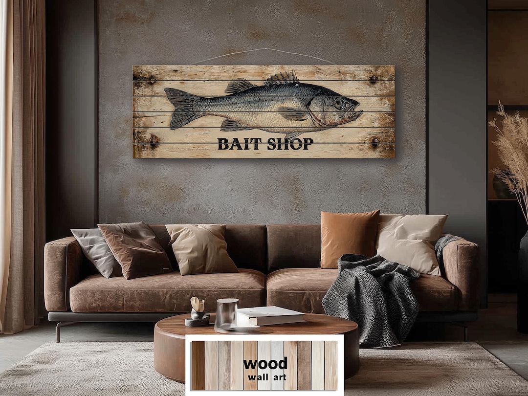 Bait Shop Sign Large Horizontal Wood Wall Art, Rustic Fishing Cabin ...