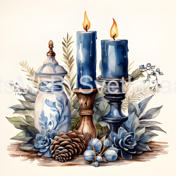 Christmas Candle Watercolor Clipart, Christmas Blue Candle Painting, Book Scrapping High QualityJPG's, Commercial Use, Digital Download