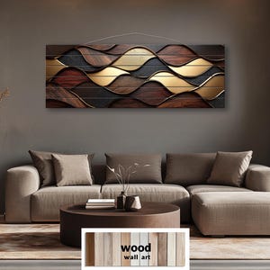 Long Horizontal Wood Texture Wall Art Print, Abstract Brown Gold Geometric Design Printed on Wood Planks For Living Room Decor Ready To Hang