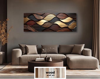 May include: Wooden wall art featuring a wave design with gold, black, and brown tones. The artwork is rectangular and hangs above a sofa. The text "wood wall art" is visible at the bottom of the image.